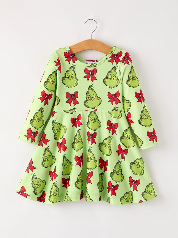 winter-christmas-tree-bow-character-print-green-girls-dress Rylee Faith Designs - Sophia's StyleDress-1
