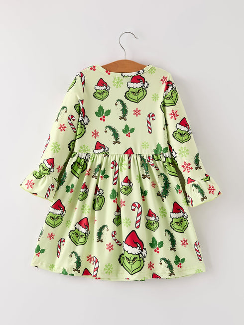 winter-christmas-candy-cane-character-print-green-girls-dress Rylee Faith Designs - Sophia's StyleDress-1