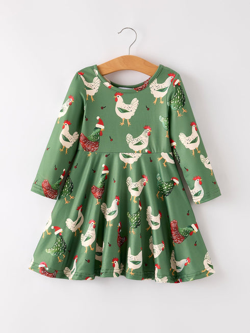 christmas-farm-chicken-print-dress-green-long-sleeve Rylee Faith Designs - Sophia's StyleDress-1