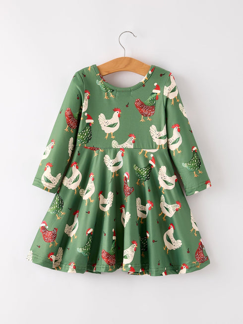 christmas-farm-chicken-print-dress-green-long-sleeve Rylee Faith Designs - Sophia's Style-2