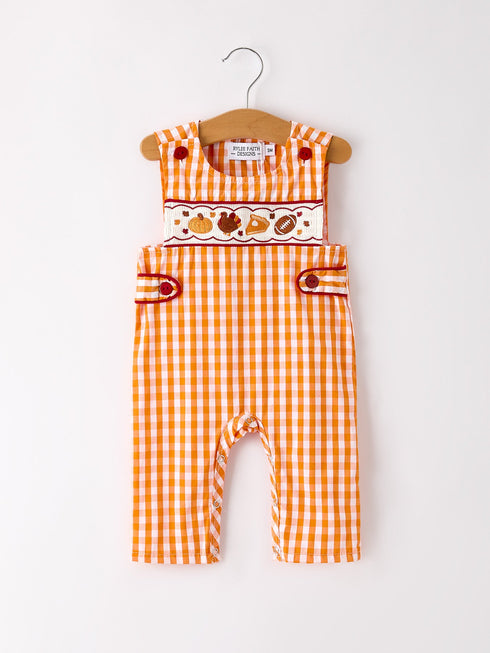 fall-embroidered-romper-for-baby-boys-orange-checkered-with-halloween-details Rylee-Faith-Designs-Sophia's StyleRomper-1