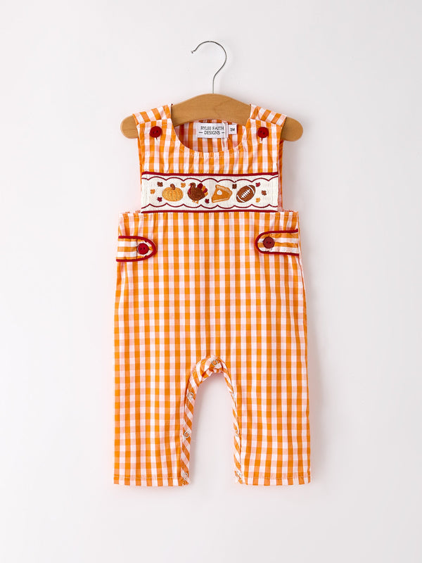 fall-embroidered-romper-for-baby-boys-orange-checkered-with-halloween-details Rylee-Faith-Designs-Sophia's StyleRomper-1