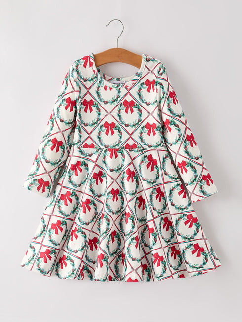 winter-christmas-wreath-bow-print-girls-dress Rylee Faith Designs - Sophia's StyleDress-1