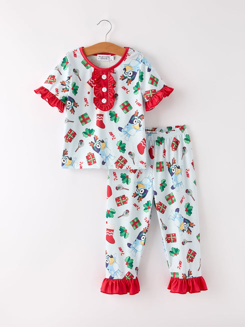 christmas-character-blue-girls-pajama-set-with-ruffles-Sophia's Style-Outfit-1