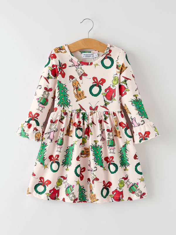 christmas-character-print-girls-dress-with-ruffle-sleeves Sophia's StyleDress-1