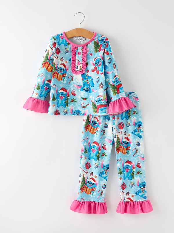 christmas-girls-pajama-set-with-ruffle-detail-and-buttoned-top Sophia's StylePajamas-1