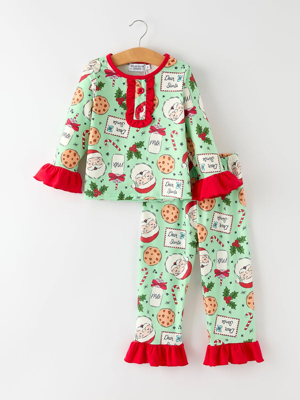 christmas-santa-and-cookie-print-girls-pajamas-with-red-ruffle Sophia's StylePajamas-1