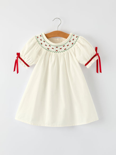 white-christmas-girls-dress-delicate-embroidery-with-red-bow-details - Sophia's StyleDress-1