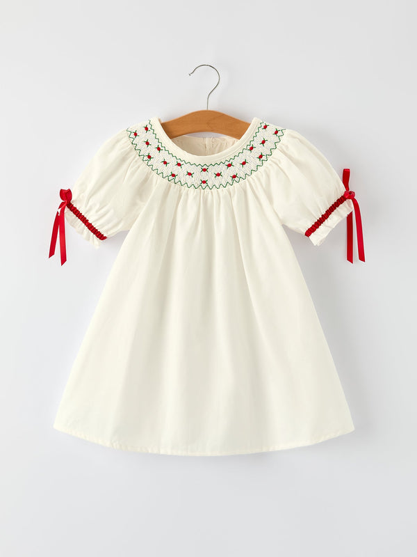 white-christmas-girls-dress-delicate-embroidery-with-red-bow-details - Sophia's StyleDress-1