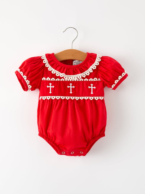 red-christmas-baby-girls-romper-cross-embroidery-with-lace-trim - Sophia's StyleRomper-1