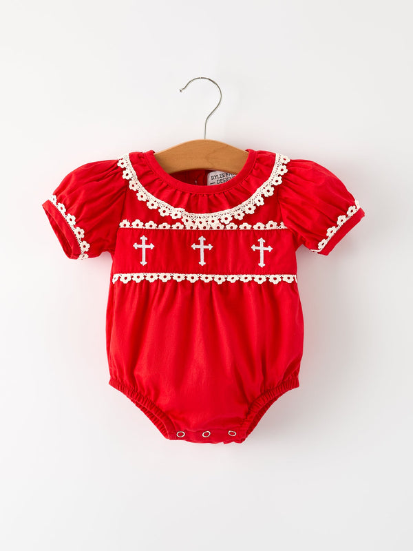 red-christmas-baby-girls-romper-cross-embroidery-with-lace-trim - Sophia's StyleRomper-1