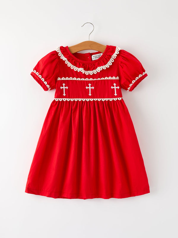 red-christmas-girls-dress-cross-embroidery-with-lace-trim - Sophia's StyleDress-1