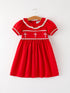 red-christmas-girls-dress-cross-embroidery-with-lace-trim - Sophia's StyleDress-1