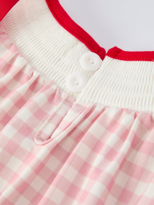 Pink Gingham Christmas Baby Girls Romper: Santa Embroidery with Red Satin Ribbon