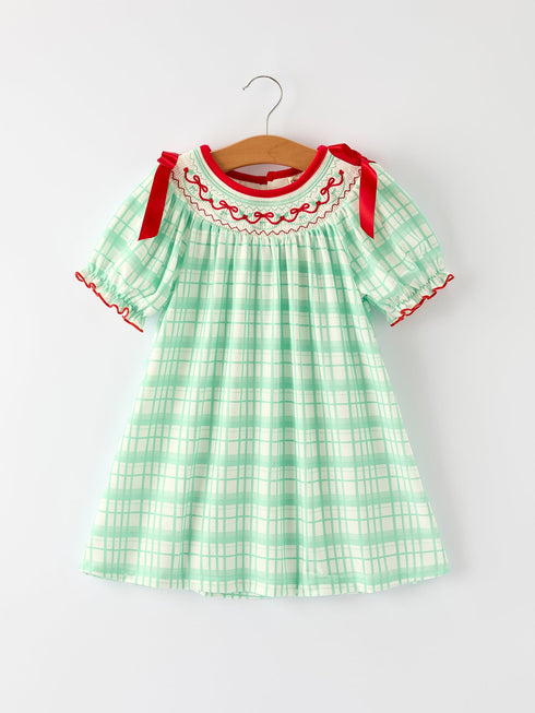 christmas-girl-smock-embroidery-green-plaid-dress-Sophia's Style-Dress-1
