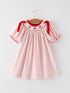 Pink Gingham Christmas Girls Dress: Santa Embroidery with Red Satin Ribbon