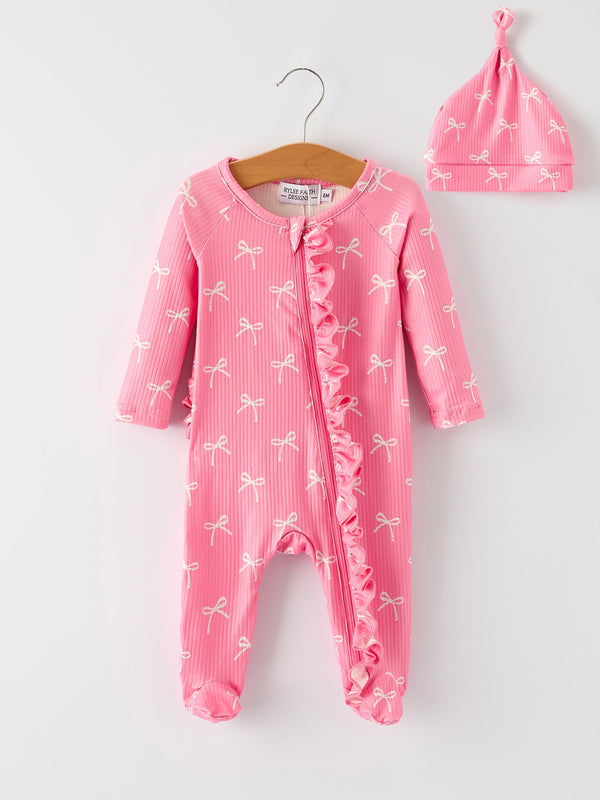christmas-bow-pink-romper-with-hat-sweet-and-stylish-baby-outfit-Sophia's Style-Romper-1