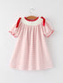 Pink Gingham Christmas Girls Dress: Santa Embroidery with Red Satin Ribbon