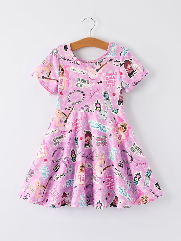 christmas-purple-ts-twirly-print-girls-short-sleeves-dress-musical-journey-in-style - Sophia's StyleDress-1