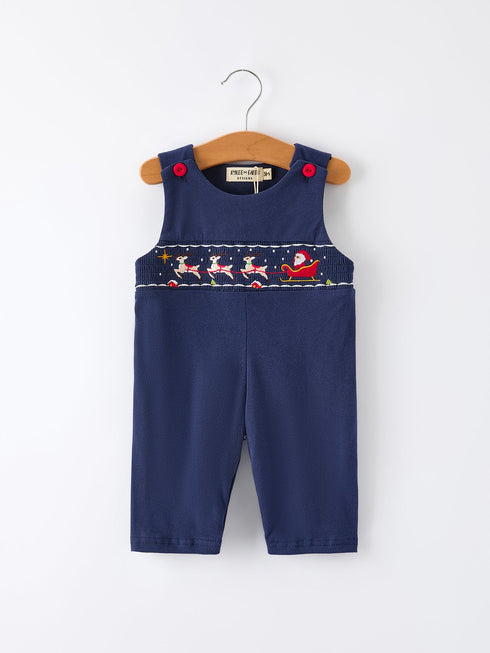 christmas-holiday-celebration-baby-boys-romper-navy-with-santa-sleigh-Sophia's Style-Romper-1