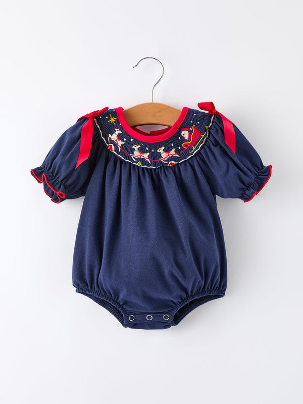 christmas-holiday-celebration-baby-girls-romper-navy-with-santa-sleigh-Sophia's Style-Romper-1