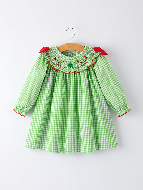 christmas-tree-smocked-embroidery-girls-dress-with-green-plaid-Sophia's Style-Dress-1