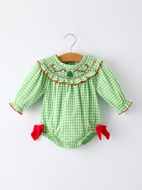 christmas-tree-smocked-embroidery-baby-girls-romper-with-green-plaid - Sophia's StyleRomper-1
