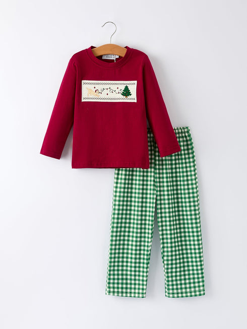 christmas-tree-dog-smocking-embroidered-plaid-boys-set - Sophia's StyleOutfit-1