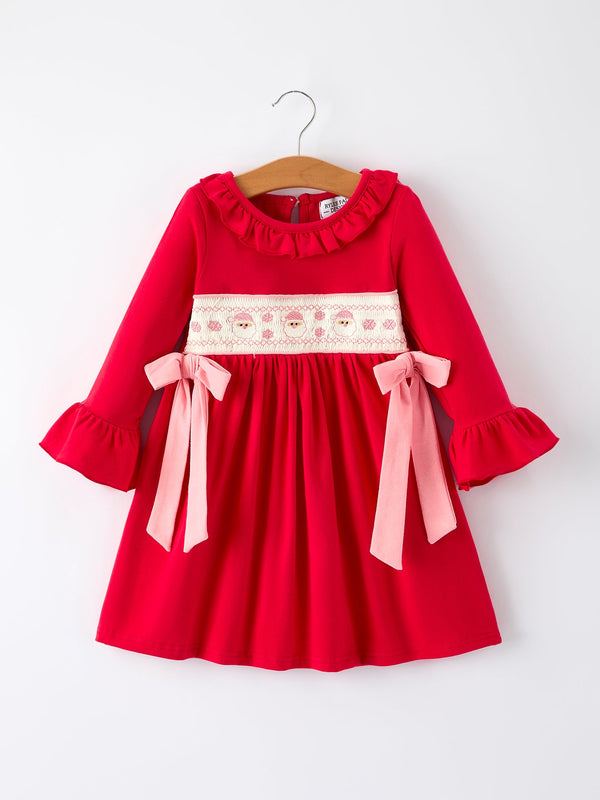christmas-smocked-embroidery-girls-dress-with-pink-ribbon-ties-Sophia's Style-Dress-1