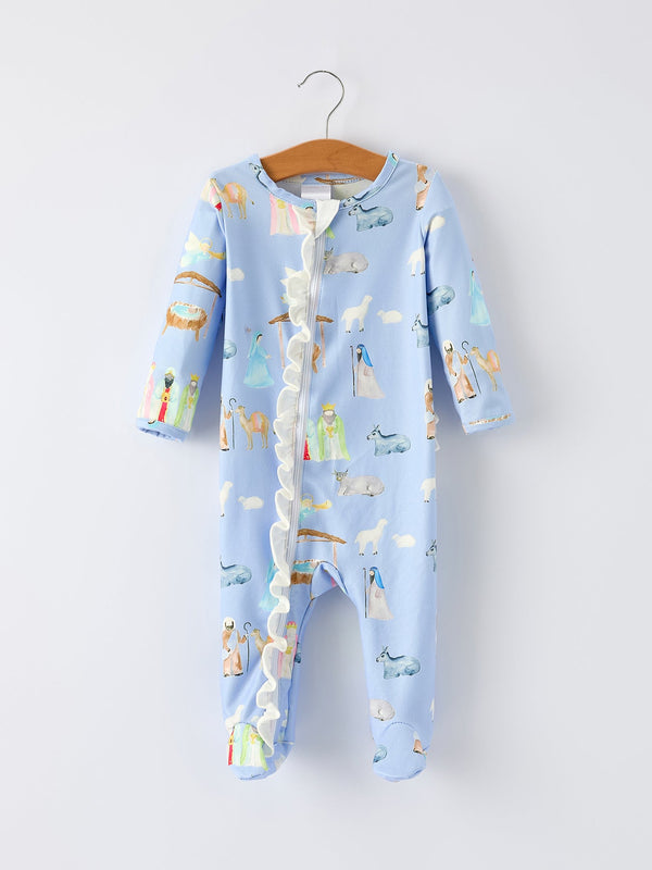 Blue Christmas Nativity Pattern Baby Girls Romper with Ruffles