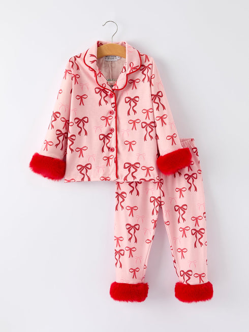 christmas-bow-girls-pajama-set-with-furry-trim - Sophia's StylePajamas-1