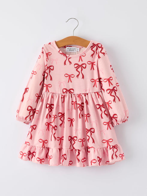 Pink Bow Print Girls Dress with Ruffle Hem