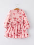 Pink Bow Print Girls Dress with Ruffle Hem