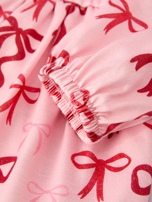 Pink Bow Print Girls Dress with Ruffle Hem