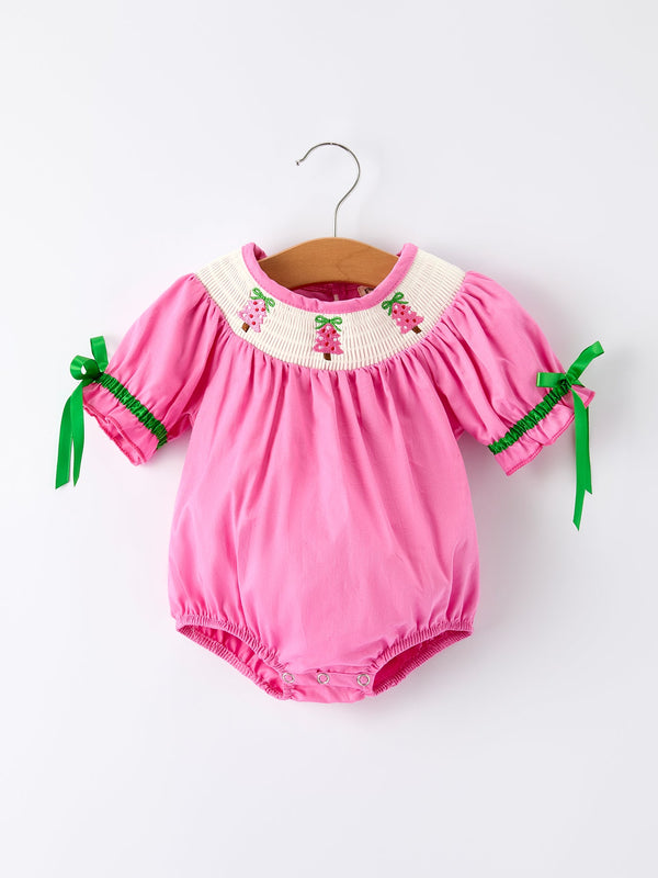 christmas-pink-christmas-smocked-embroidery-tree-baby-girls-romper - Sophia's StyleRomper-1