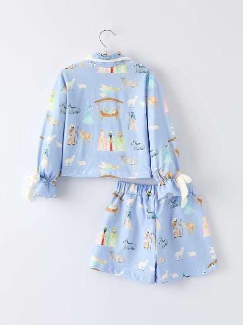 Blue Christmas Nativity Pattern Girls Pajamas Set