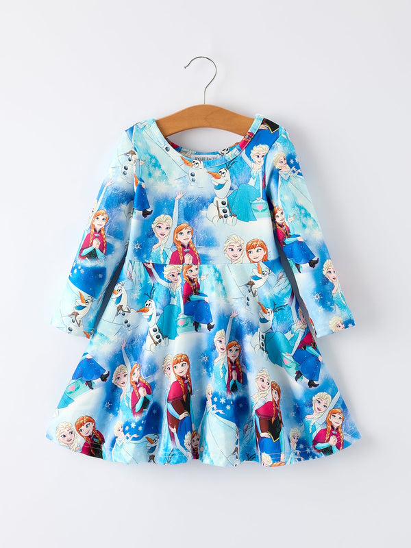 blue-christmas-character-print-party-dress - Sophia's StyleDress-1