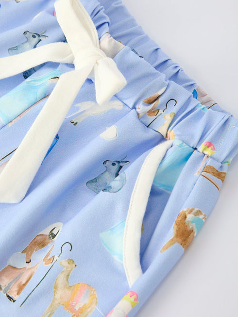 Blue Christmas Nativity Pattern Girls Pajamas Set