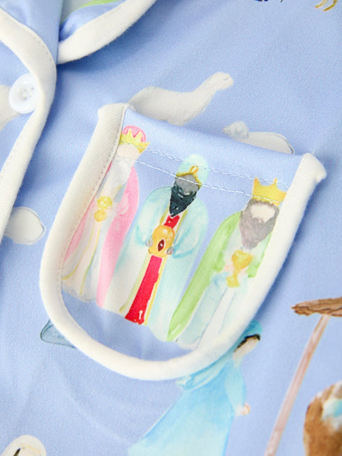 Blue Christmas Nativity Pattern Girls Pajamas Set