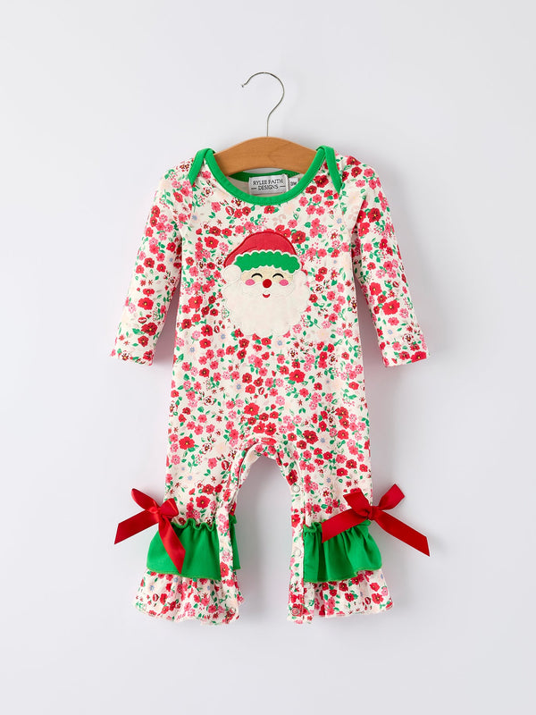 christmas-santa-applique-baby-girls-floral-long-sleeve-ruffle-romper-with-bow-ties - Sophia's StyleRomper-1