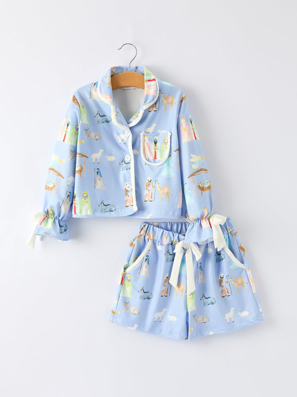 Blue Christmas Nativity Pattern Girls Pajamas Set