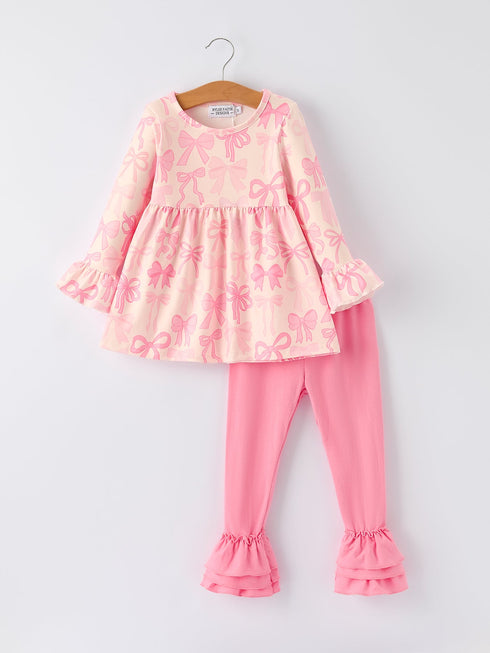 girls-pink-bow-print-ruffled-long-sleeved-set-rylee-faith-designs-Sophia's StyleOutfit-1