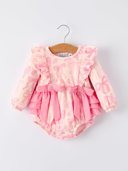 girls-pink-bow-print-long-sleeves-romper-rylee-faith-designs-Sophia's StyleRomper-1
