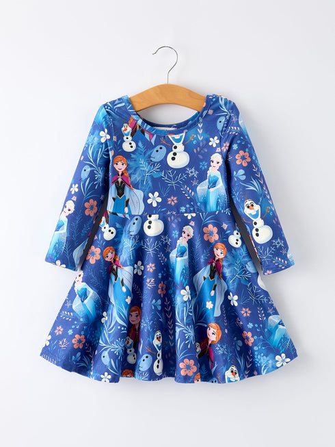 blue-christmas-character-print-long-sleeve-girls-dress - Sophia's StyleDress-1