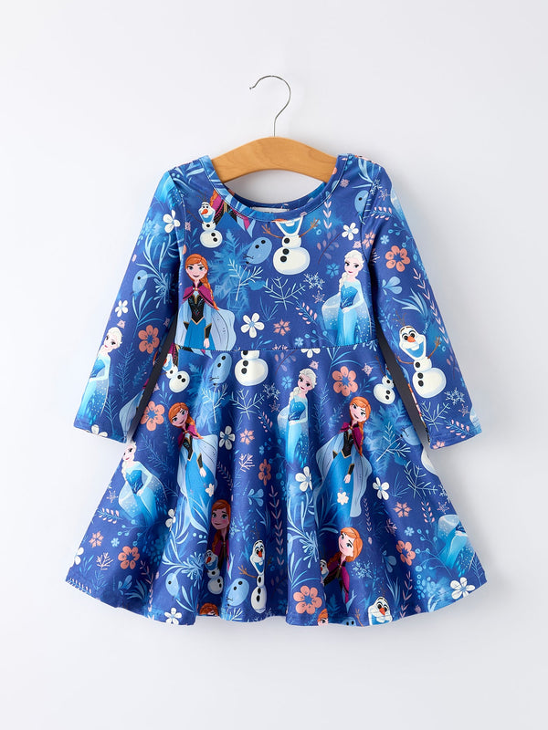 blue-christmas-character-print-long-sleeve-girls-dress - Sophia's StyleDress-1