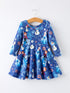 blue-christmas-character-print-long-sleeve-girls-dress - Sophia's StyleDress-1