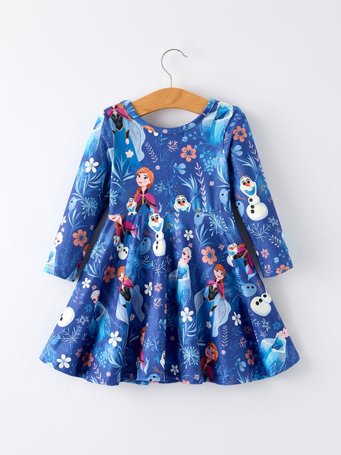blue-christmas-character-print-long-sleeve-girls-dress - Sophia's Style-2