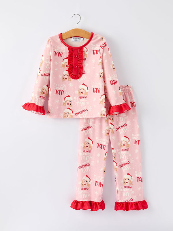 christmas-santa-ts-print-ruffle-girls-pajama-set - Sophia's StylePajamas-1