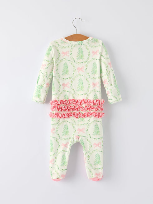 Christmas Tree Wreath Print Long Sleeve Zip Baby Girls Romper