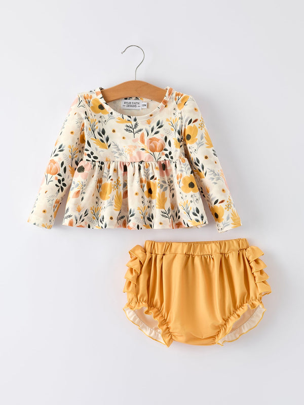 Fall Floral Print Baby Girls Long Sleeve Top with Ruffle Bloomers Set